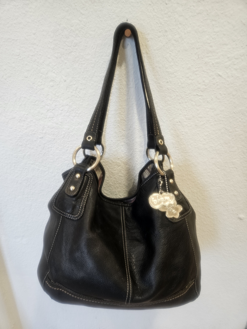 Vintage The Sak Black Leather Hobo Bag Botanical Floral Lining Medium